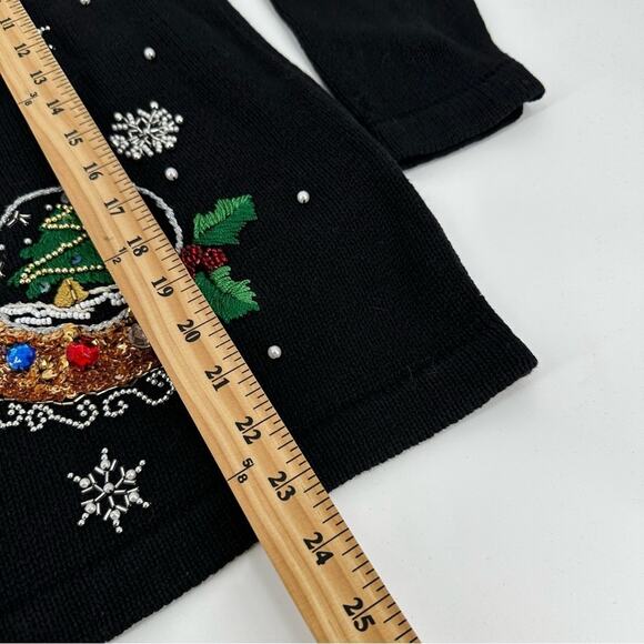 VINTAGE Christmas Sweater Snowglobe Snowflake Zip Up Cotton Medium Ugly Black - Picture 8 of 9